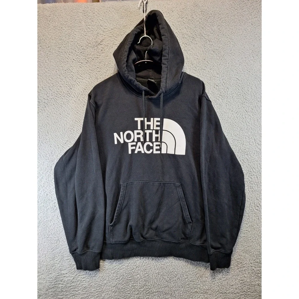 The North Face Hoodie Men Large Black Fleece Lined Hiking Spell Out Logo Outdoor